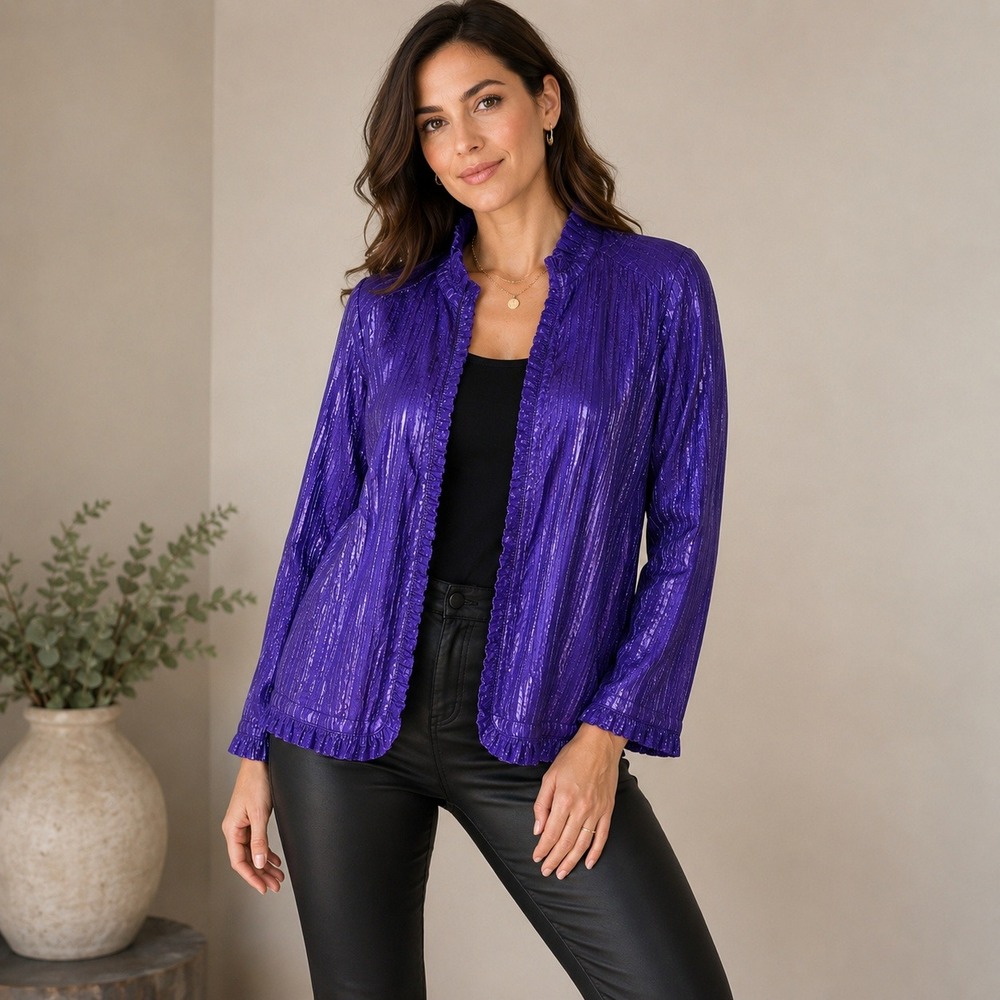 Chico's Purple Crinkle Ruffle Mock Neck Hook Eye Jacket‎ Size 2 Large Metallic